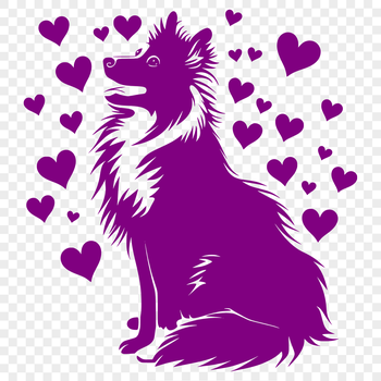 A full-body illustration of a Shetland Sheepdog sitting on its haunches, surrounded by heart symbols.