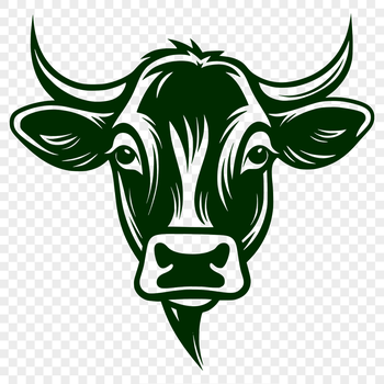 A close-up illustration of a cow's head with distinctive facial features.