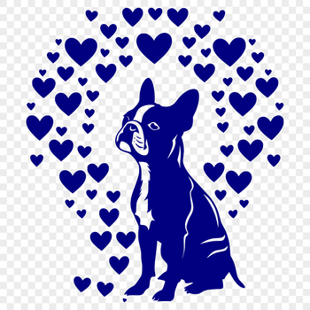A vector illustration of a sitting Boston Terrier with heart-shaped accents.
