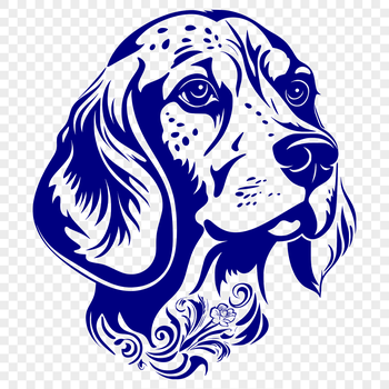 A detailed illustration of a beagle's head with ornate features.