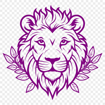 Illustration of a lion's head with a large mane and powerful facial features.