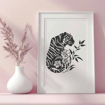 A high-quality digital illustration of a full-body tiger sitting in a floral setting.