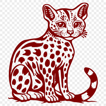 A full-body illustration of a ocelot sitting on its haunches, showcasing the animal's distinctive coat patterns.