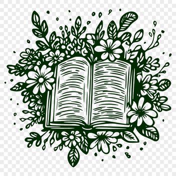 A simple vector design featuring an open book with floral elements adorning the cover.