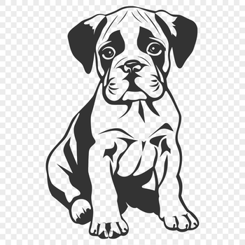 A cartoon illustration of a Boxer breed dog sitting on its haunches with its tongue hanging out.