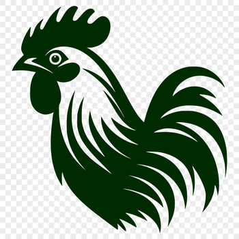 A close-up illustration of a chicken's head with detailed feathers and beak.