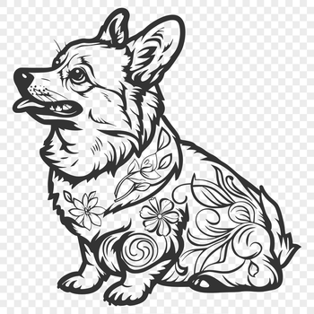 A stylized illustration of a corgi dog sitting, surrounded by intricate floral patterns.