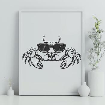 A colorful illustration of a full-body crab wearing sunglasses, depicted in vector format.
