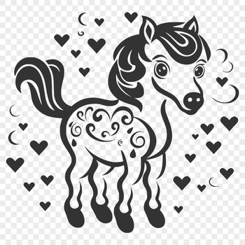 A stylized illustration of a horse with love hearts integrated into its design.