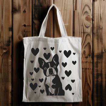 An adorable cartoon depiction of a Boston Terrier breed dog with heart-shaped accents around its face.
