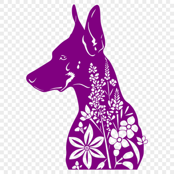 A regal Doberman Pinscher breed dog with an ornate floral pattern on its head.