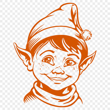 A small, pointy-eared Christmas elf stands on a snowy background, wearing a red hat and green coat.