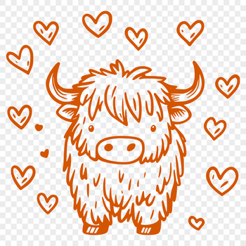 A full-body illustration of a standing Highland Cow with love hearts.