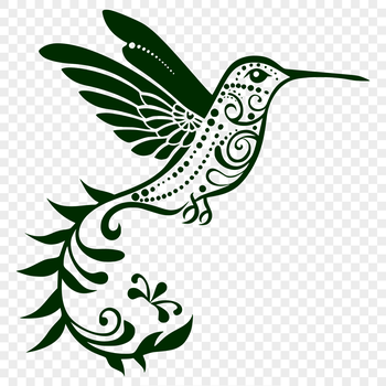 A vibrant illustration of a hummingbird in mid-flight, featuring intricate details and ornate design.