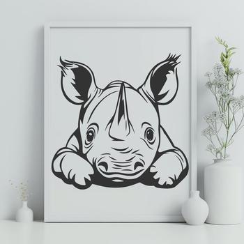 A detailed illustration of a rhino peeking out from behind a tree, suitable for digital design.