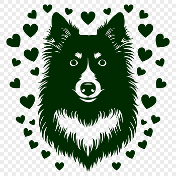 A vector illustration of a friendly Shetland sheepdog with decorative heart accents surrounding its head.