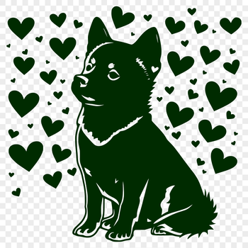 A full-body illustration of a sitting Shiba Inu dog with love hearts surrounding its body.
