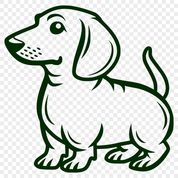 A simple line drawing of a Dachshund standing on its hind legs, depicted in a stylized vector format.