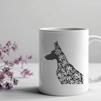An SVG vector art design featuring a stylized portrait of a Doberman Pinscher.