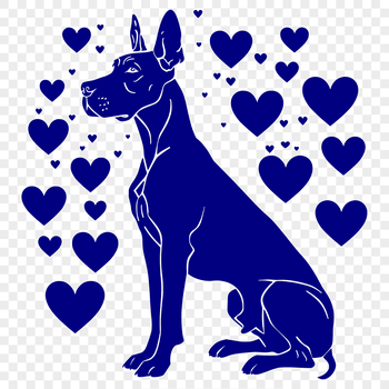 A large breed dog, specifically a Great Dane, depicted in full body sitting pose with love hearts surrounding its body.