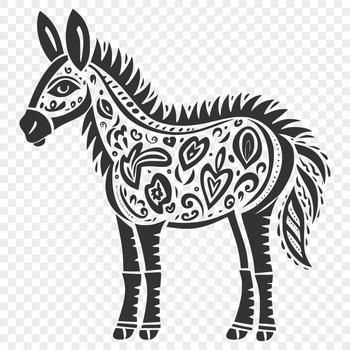 A fully illustrated donkey standing upright in an ornate style.