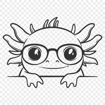 A smiling axolotl with glasses peeking out from behind a decorative pattern, suitable for vector design and clip art.