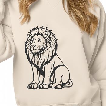 A sitting lion in full body pose, depicted as a big cat from the savannah.