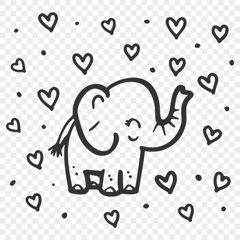 A full-body illustration of a standing elephant with love hearts incorporated into the design.