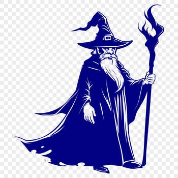 A detailed illustration of a wizard from a fantasy story, depicted in full body with magical attire.