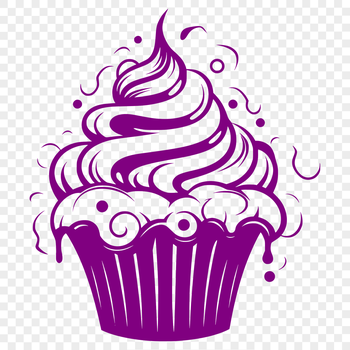 A digital illustration of a single serving-sized cupcake with colorful frosting and decorations.