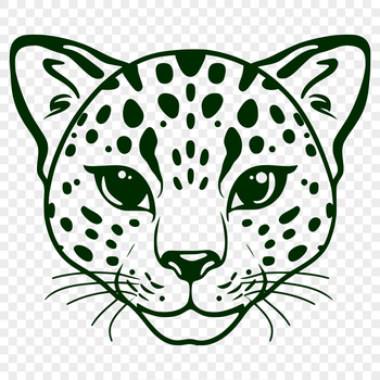 Close-up illustration of a ocelot's head, a medium-sized wild cat native to the Americas.