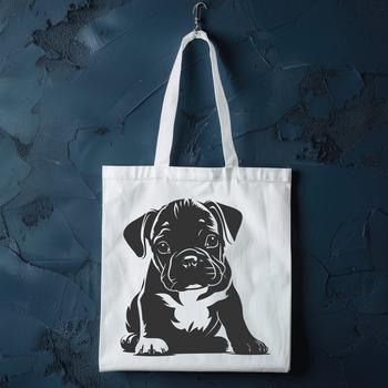 A seated bulldog depicted in a simple, colorful design.