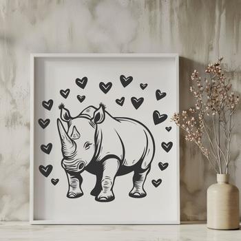 A black rhinoceros with love hearts on its body in a vector format.