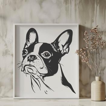 An SVG image of a friendly Boston Terrier breed dog, ideal for use in various design projects.