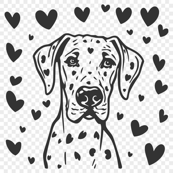 A vector illustration of a Great Dane dog breed with love hearts surrounding its head.