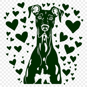 A Great Dane's head with love hearts surrounding its face.