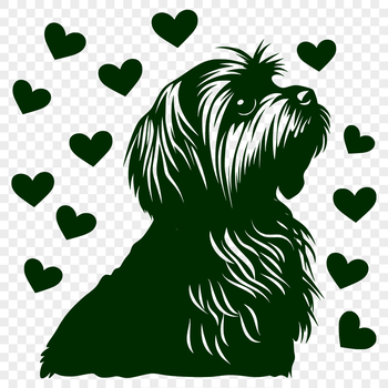 A Havanese dog breed illustration with heart symbols surrounding its body.
