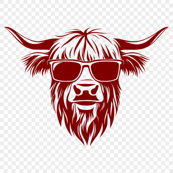 Illustrative depiction of a Highland Cow's head with sunglasses, suitable for vector design projects.