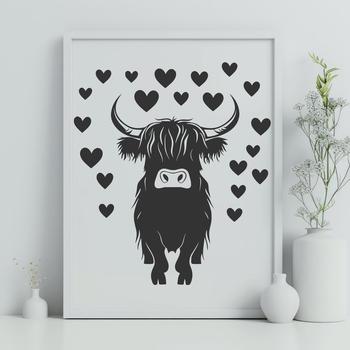 A large, full-body depiction of a Highland Cow standing on a green background, surrounded by love hearts.
