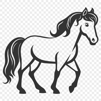A simple line drawing of a standing horse with cute facial features.