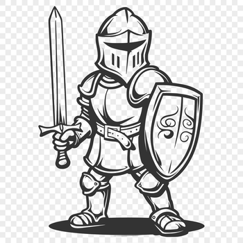 A medieval knight in full armor standing upright with sword and shield.