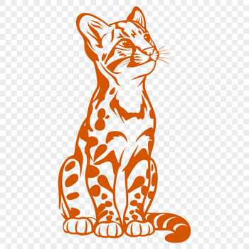 A full-body illustration of a big cat species, specifically an ocelot, sitting in a neutral background.