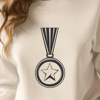 A silver metal medal with a circular body and a ribbon tied around the top.