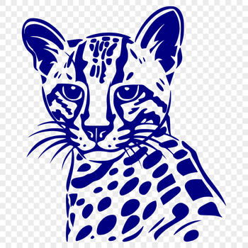 A detailed illustration of an ocelot's head, featuring a wild cat with distinctive markings.