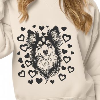 A stylized portrait of a Shetland Sheepdog, featuring heart accents, ideal for digital crafting projects.