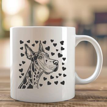 A digital illustration of a large breed dog with hearts on its head.