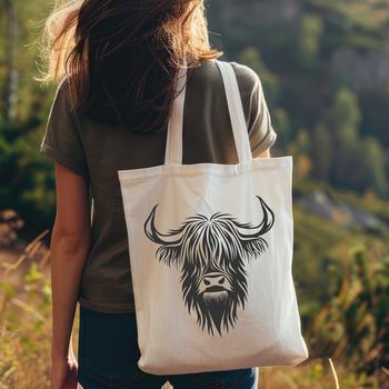 A depiction of a Highland Cow's head with distinctive horns and fur texture.