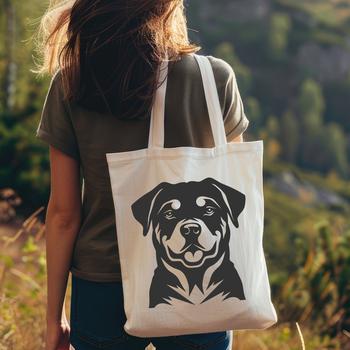 Graphic representation of a Rottweiler breed dog with bold lines and simple shapes.