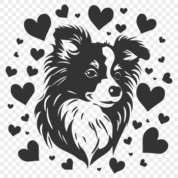 A portrait illustration of a friendly Shetland Sheepdog with heart accents on its head.