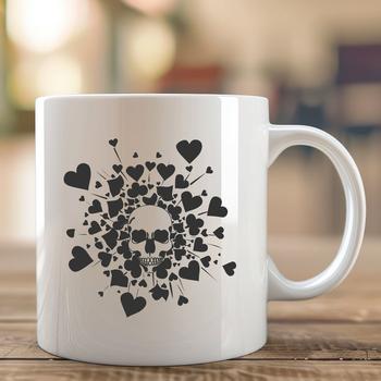 A stylized skull illustration with love hearts integrated into the design.